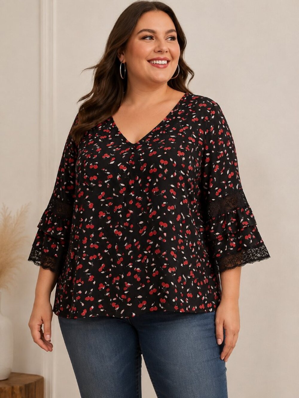 Lane Bryant Cherry Print Lace 3/4 Sleeve Blouse Size 18/20 - Picture 9 of 9